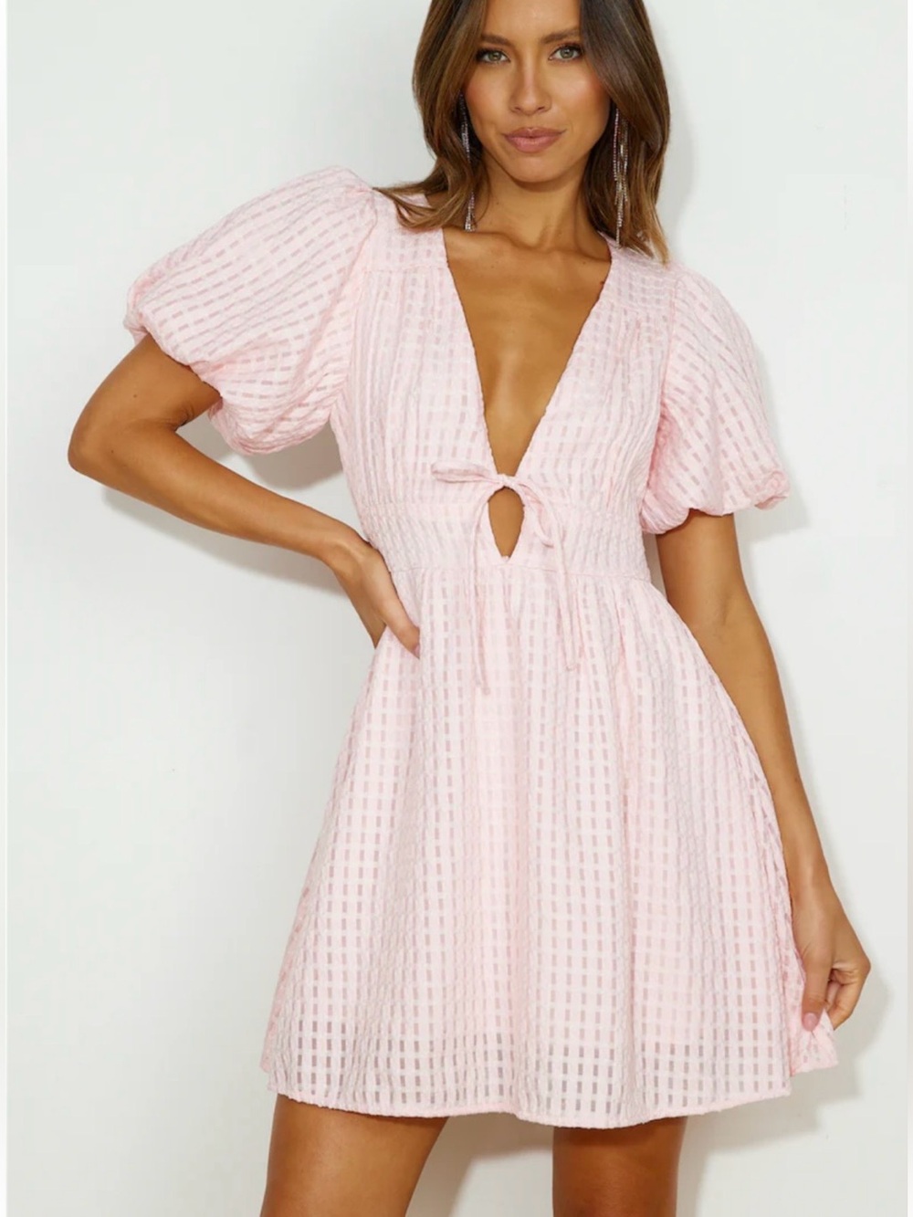 Hello Molly Flowers For You Mini Dress Pink Puff Sleeve Tie Front Babydoll - S